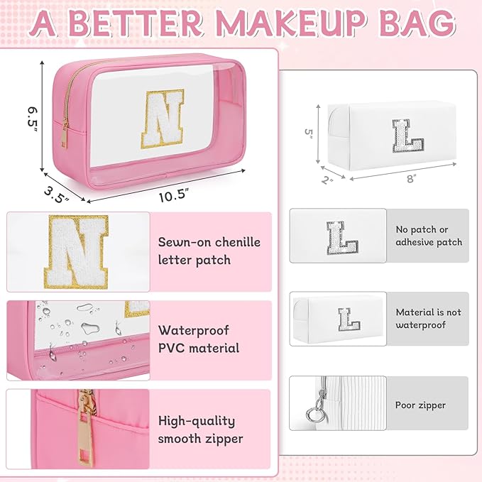 WELIDAY Personalized Initial Clear Makeup Bag, Travel Chenille Patch Cosmetic Bag, Preppy Toiletry Bag Monogram Cosmetic Pouch with Zipper, Ideal Gift for Teen Girls Women (Clear-Pink, N)