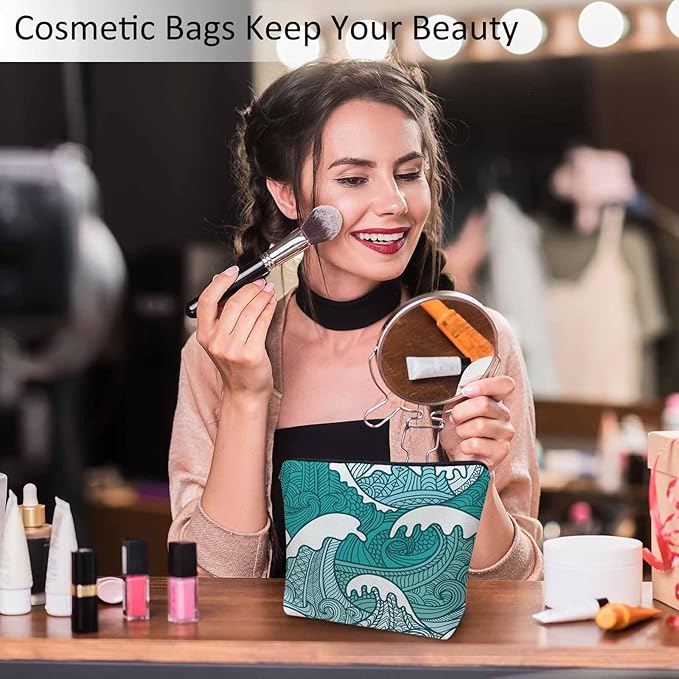 Kalygon Women Makeup Organizer Bag Ocean Waves, Japanese Great Wave Ocean Sea Waves Flax Cosmetic Bag Makeup Bags Toiletry Bag Accessories Organizer Travel Bags For Home Bathroom Office Hotel Gym