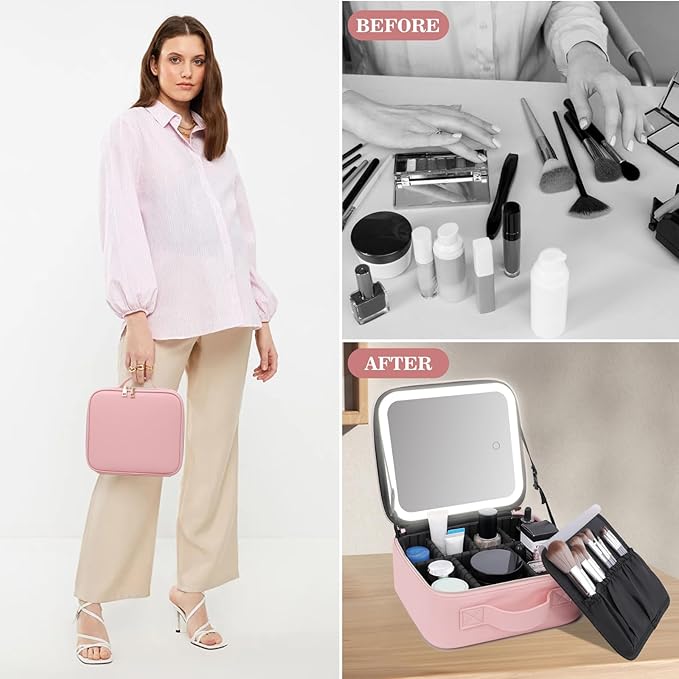 Comeacross Makeup Case with LED Mirror,Makeup Organizer Bag Travel Makeup Case Large Makeup Bag With Rechargeable Mirror 3 Color Lights Detachable Mirror for Women Beauty Tools Accessories（Pink）