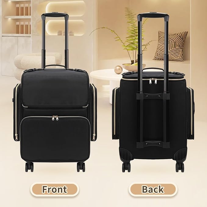 Large Makeup Train Case for Hairstylists & Hairdressers - Cosmetic Organizer with Detachable Pouch, Heat-Insulated & Anti-Scald Full Layer, Hairdressing Tool Storage Trolley with 4 360 Swivel Wheels