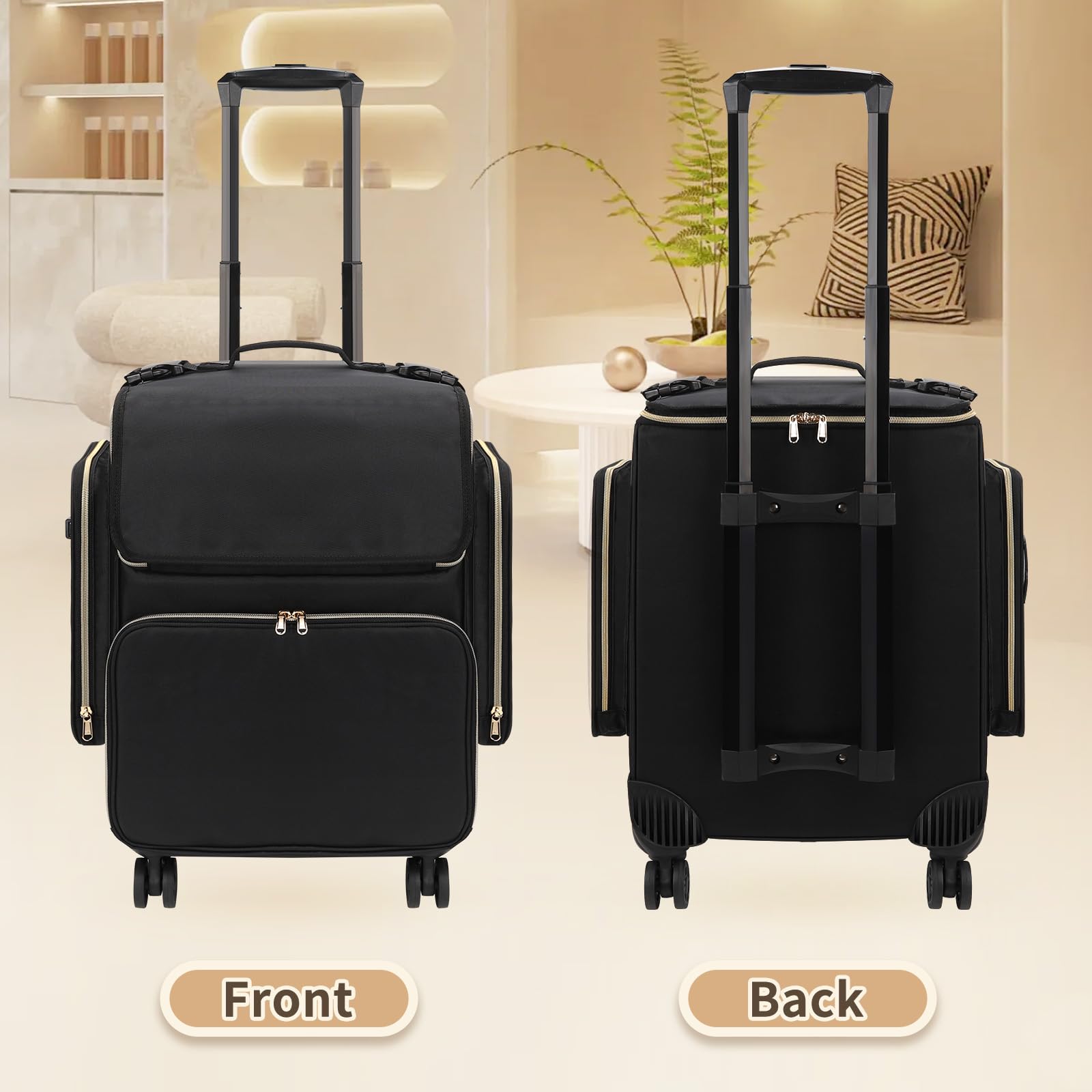 Large Makeup Train Case for Hairstylists & Hairdressers - Cosmetic Organizer with Detachable Pouch, Heat-Insulated & Anti-Scald Full Layer, Hairdressing Tool Storage Trolley with 4 360 Swivel Wheels