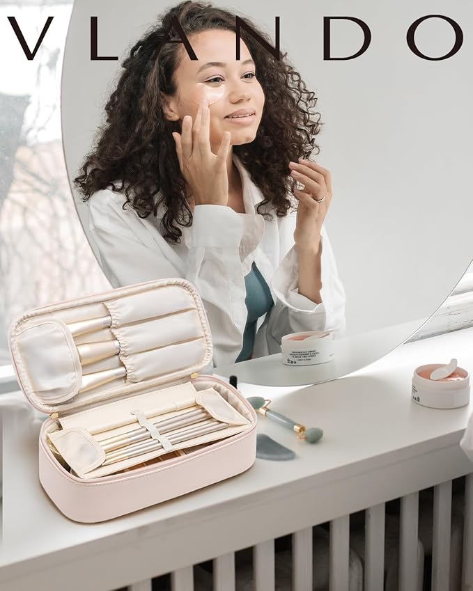 VLANDO Makeup Bag for Toiletries with Separate Brush Storage,Apricot Pink