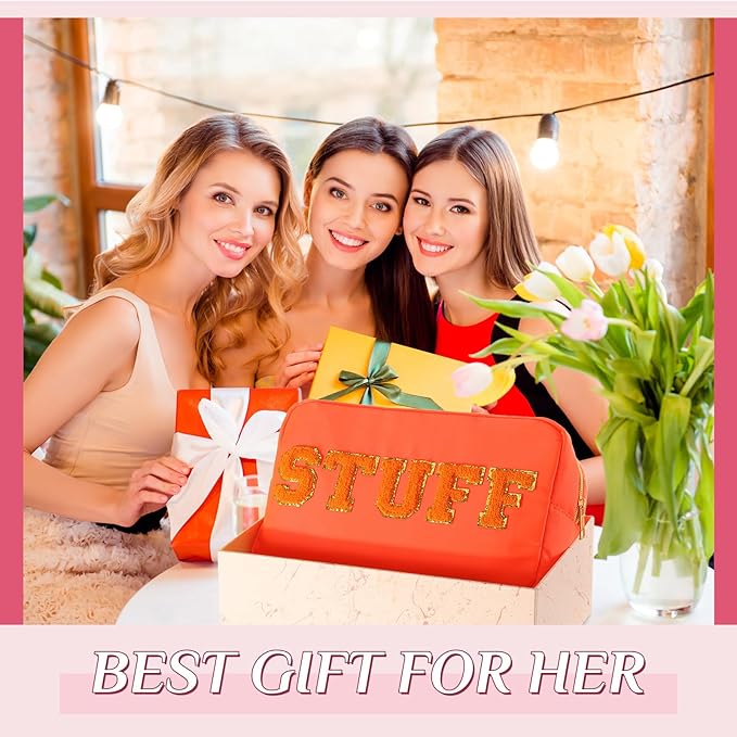 Remerry 4 Pcs Nylon Makeup Bags Waterproof Spacious Travel Cosmetic Bag for Women Chenille Letter Preppy Zipper Pouch Face Stuff Skin Hair Organizer Gift(Fluorescent Colors)