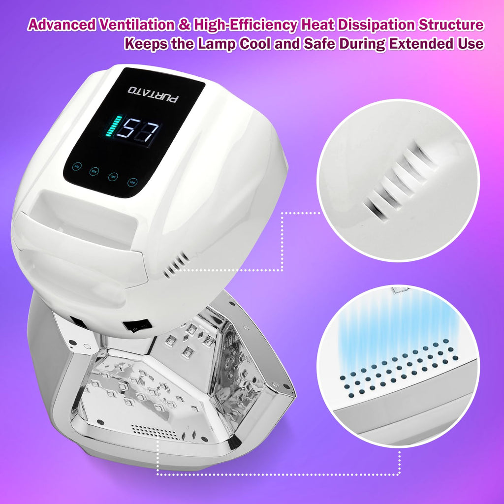 PURTATO Professional Rechargeable 96W UV LED Portable Cordless UV Light for Nail Lamp Machine with Removable Stainless Steel Bottom,4 Timer Setting and Smart Sensor Nail Dryer (White)