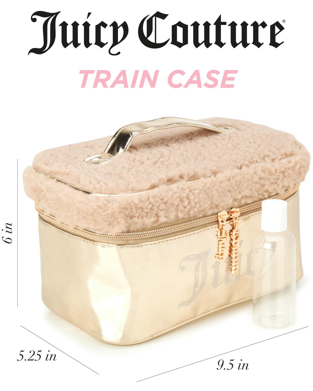 Juicy Couture Shiny Gold Makeup Bag, Faux Shearling Train Case, Rhinestones
