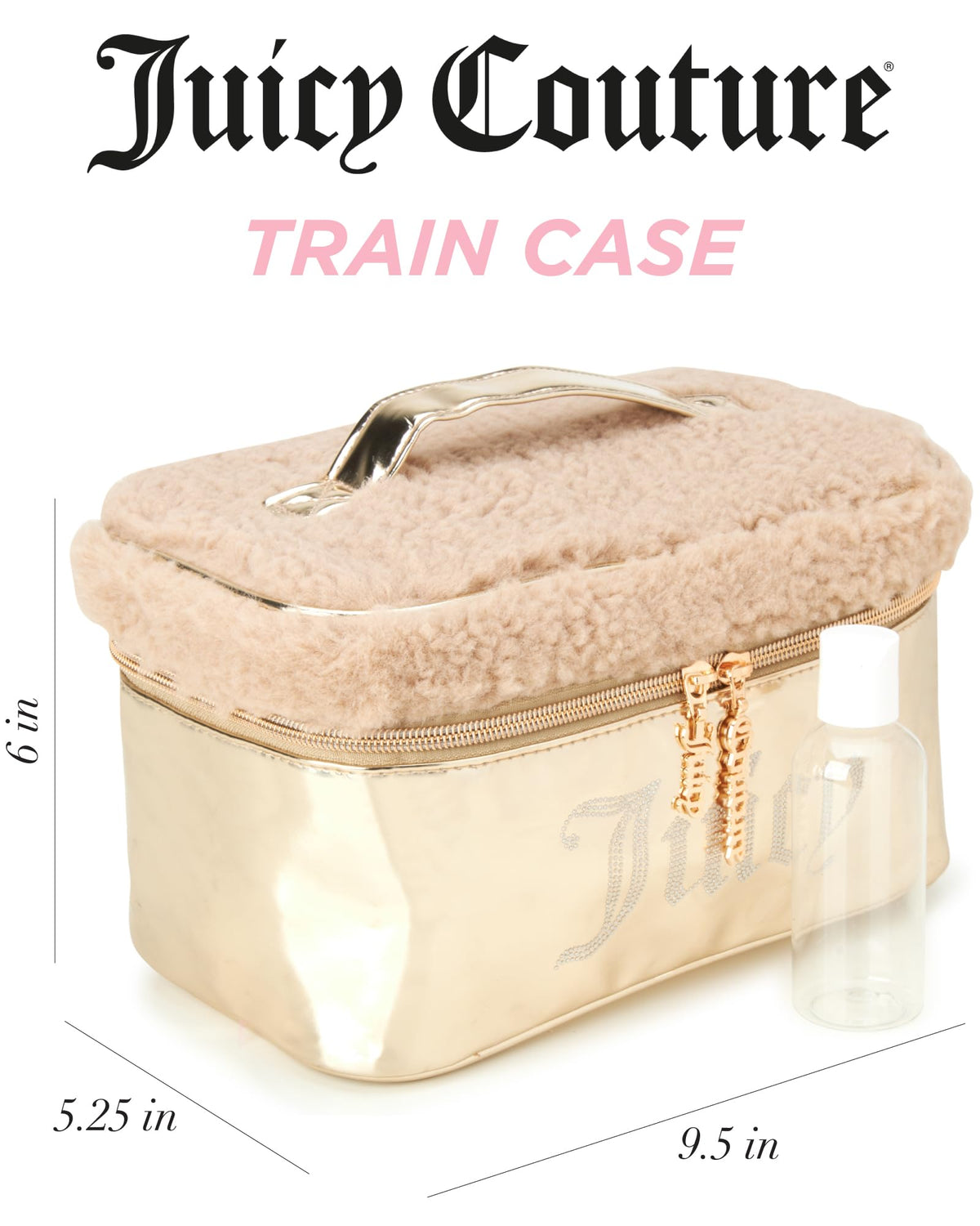 Juicy Couture Shiny Gold Makeup Bag, Faux Shearling Train Case, Rhinestones