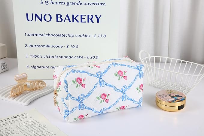OIMEI Floral Quilted Cotton Makeup Bag for Women, Large Capacity Travel Cosmetic Pouch with Zipper, Cute Toiletry & Brush Organizer, Kawaii Makeup Storage Case – Blue Bow