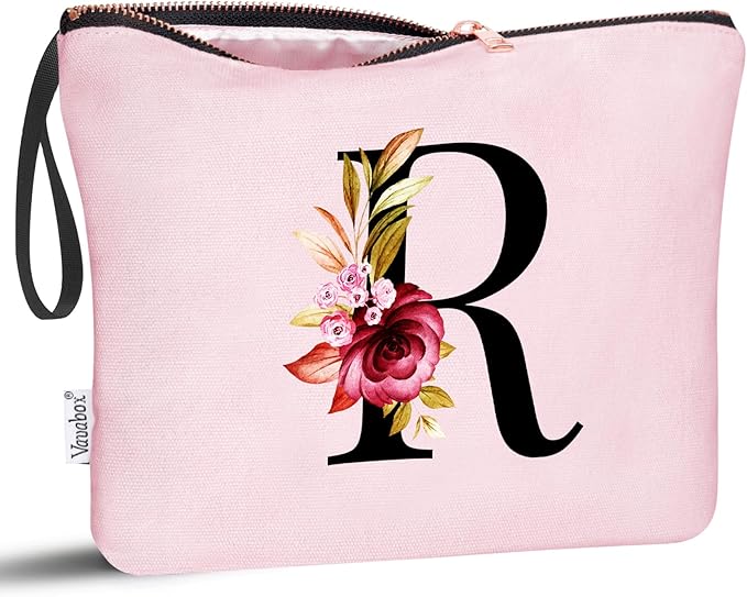Vavabox A-Z Personalized Makeup Bag, Birthday Gifts for Women Mom, Gifts for Best Friend, Bride Bridesmaid Cosmetic bag (R, 06-Pink)