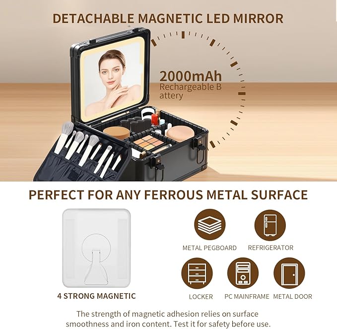 Yenovia Travel Makeup Case with Lighted LED Mirror – Waterproof Cosmetic Organizer with Adjustable Dividers, Portable Makeup Train Case for Women, Black