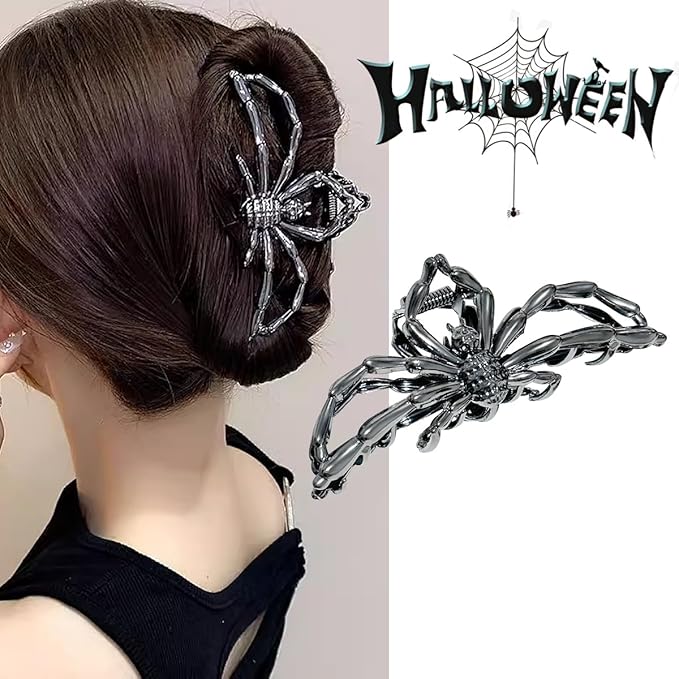 Parcce 3 Pieces Large Metal Spider Net Hand Hair Claw Clips for Women and Girls Thick Long Hair, Nonslip Skeleton Spooky Barrette Headband Hair Styling Accessories for Halloween