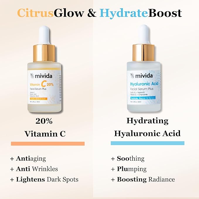 mivida Anti-Aging Duo, 20% Vitamin C Serum + Hyaluronic Acid Serum for Face | Reducing Fine Lines, Soothing, Plumping, Sensitive Skin Safe, Fragrance Free | 2x1floz