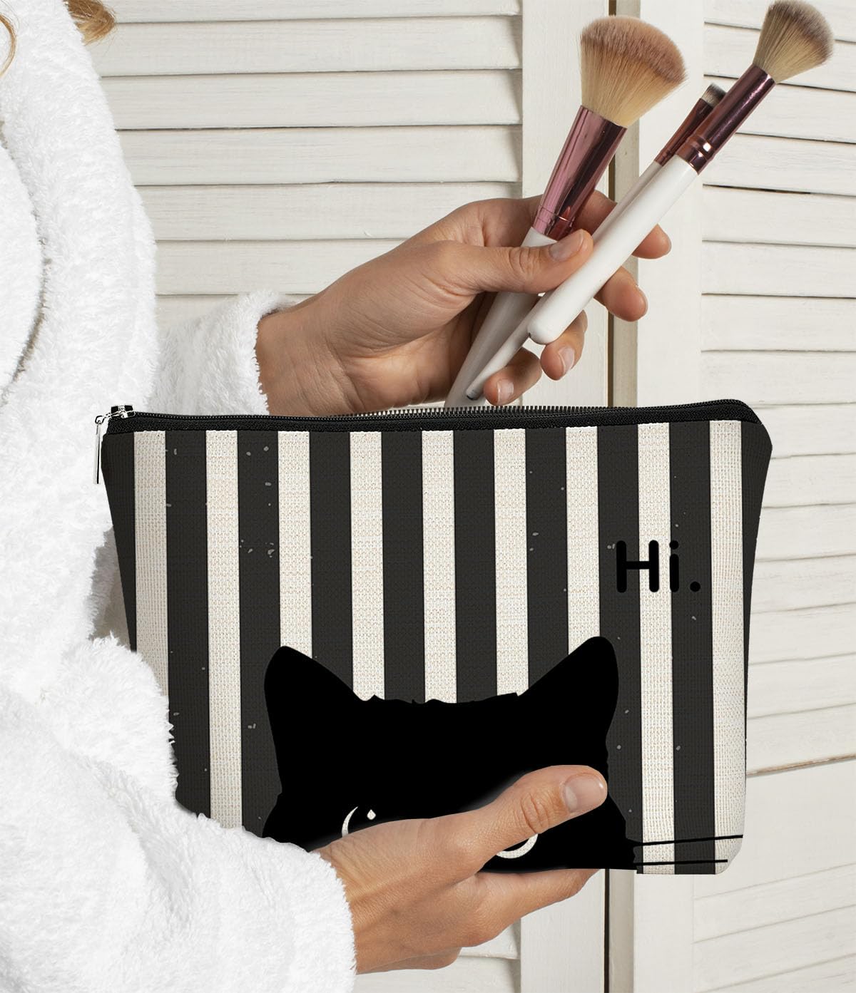 BARPERY Striped Cat Makeup Bag - Small Cute Cosmetic Bag for Women & Teen Girls - Black Cat Purse Gift for Cat Lovers & Owners