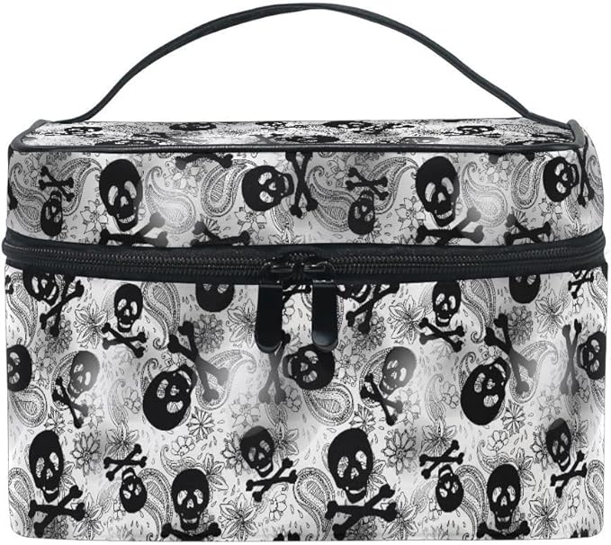 MNSRUU Makeup Bags, Gothic Skulls Black Grey Paisley Makeup Organizer Bags Toiletry Bag Box Travel Cosmetic Bag Make Up Train Case for Women Teen Girl Ladies