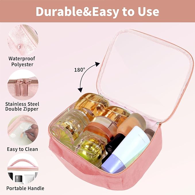 FAYORORY Travel Toiletry Bag,2 Pack Clear Makeup Bags with Handles,180°Opening Clear Cosmetic Bags for Traveling Women,Men,Travel Essentials,Pink