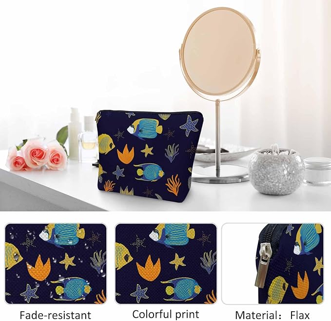 Kalygon Sea Animal Makeup Bags Makeup Organizer, Ocean Sea Turtle Starfish Seaweed Flax Toiletry Bags Travel Cosmetic Bag Makeup Purse Pouch Skincare Bag Wallet Bags For Women Female Mom Daughter