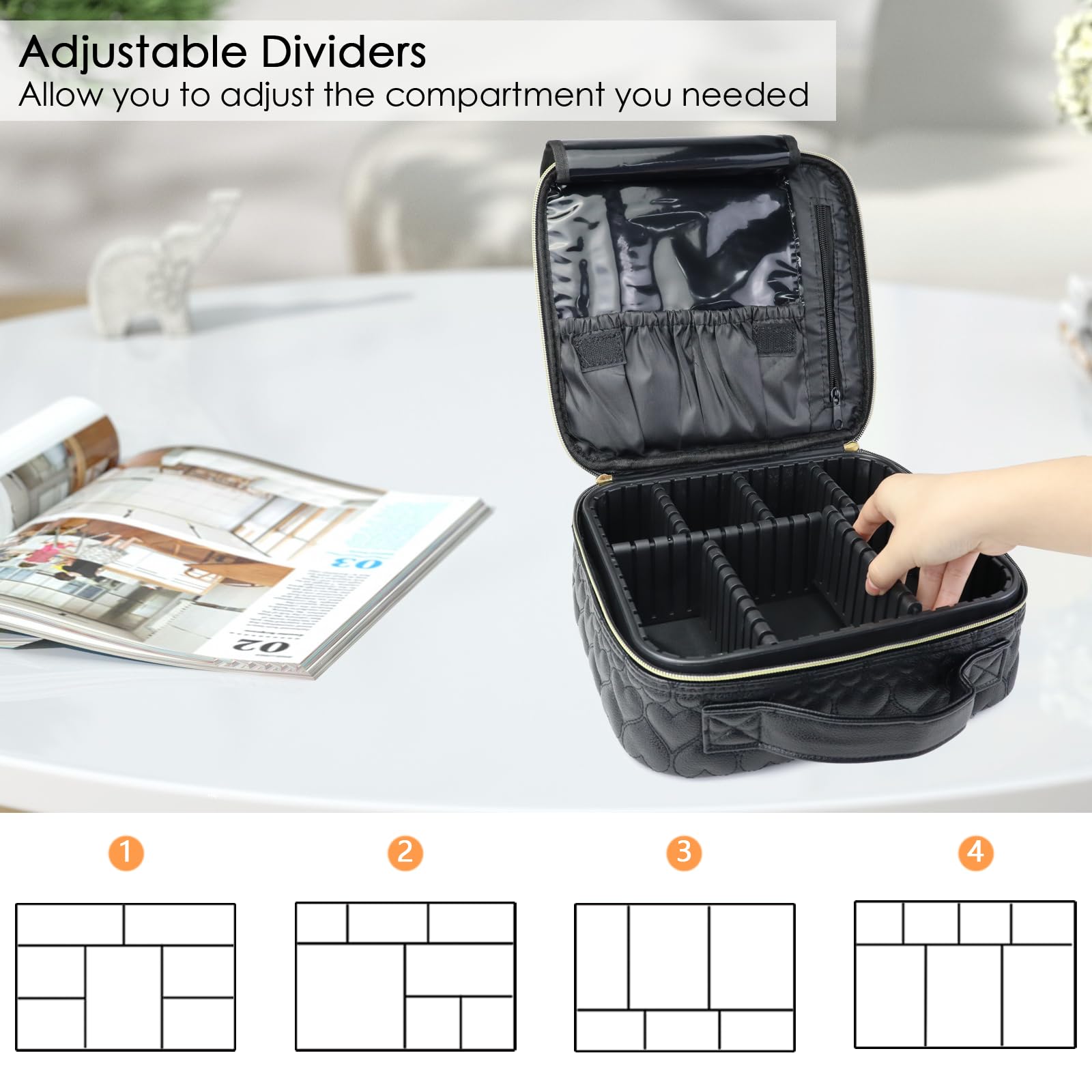 SLUMAZI Travel Makeup Bag Makeup Cosmetic Train Case Organizer Portable Storage Bag with Adjustable Dividers for Cosmetics Makeup Brushes Toiletry Jewelry Heart Pattern