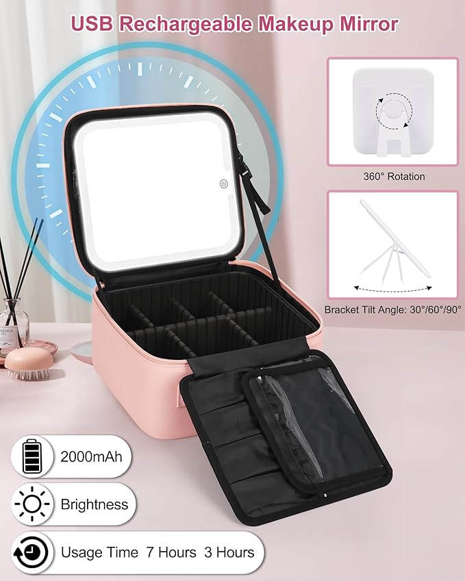 Relavel Initial Makeup Bag with LED Mirror for Women Girls, Personalized Travel Cosmetic Organizer Train Case, Birthday Gifts for Grandkids Bridesmaid Graduation Teacher Friends, Trendy Stuff, Pink D