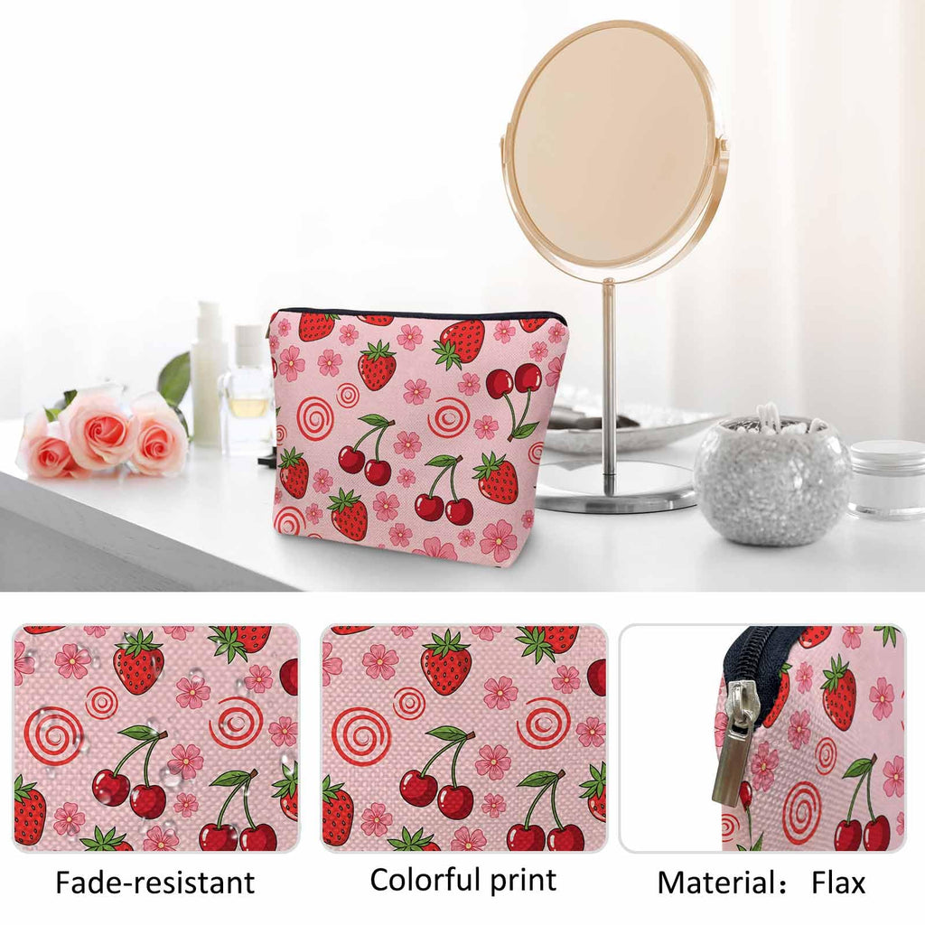 Kalygon Strawberry Makeup Bags Makeup Organizer, Summer Strawberries Cherries Pink Flax Toiletry Bags Travel Cosmetic Bag Makeup Purse Pouch Skincare Bag Wallet Bags For Women Female Mom Daughter