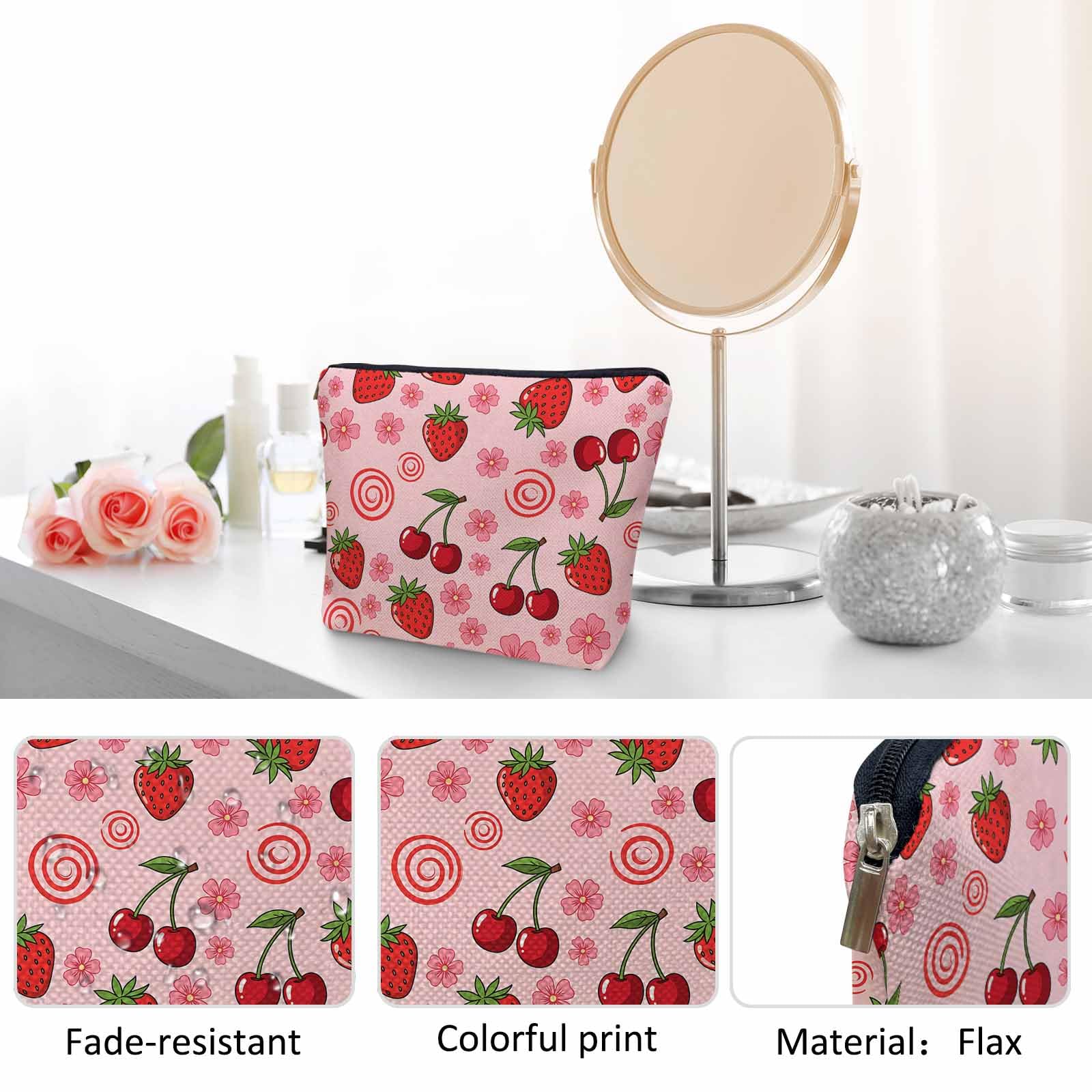 Kalygon Strawberry Makeup Bags Makeup Organizer, Summer Strawberries Cherries Pink Flax Toiletry Bags Travel Cosmetic Bag Makeup Purse Pouch Skincare Bag Wallet Bags For Women Female Mom Daughter