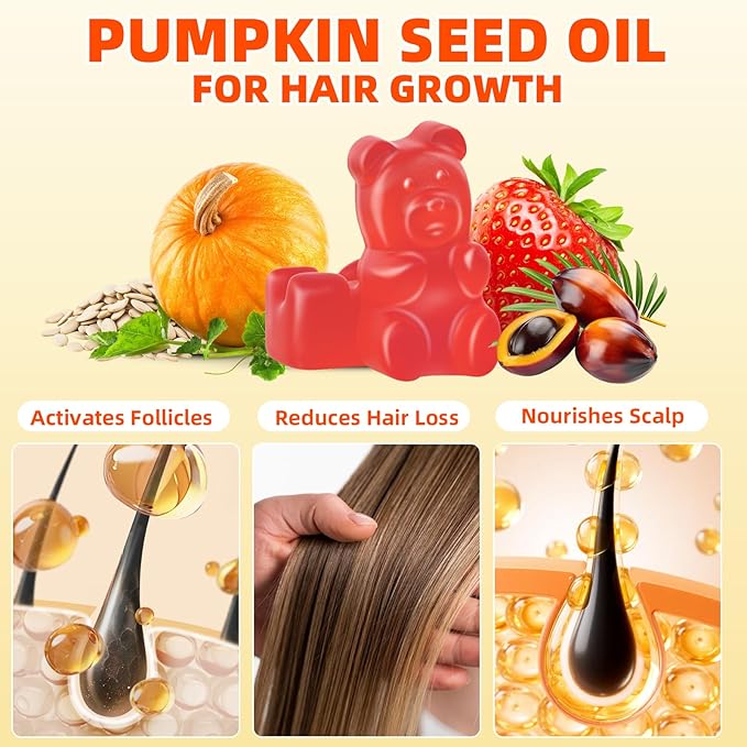 Mchokuu Pumpkin Seed Oil Supplement Gummies with Saw Palmetto for Hair Growth & Skin Health Support, High Pure Extract for Women & Men Extra Strength Pumpkin Seed, Strawberry Flavor, 60 Count