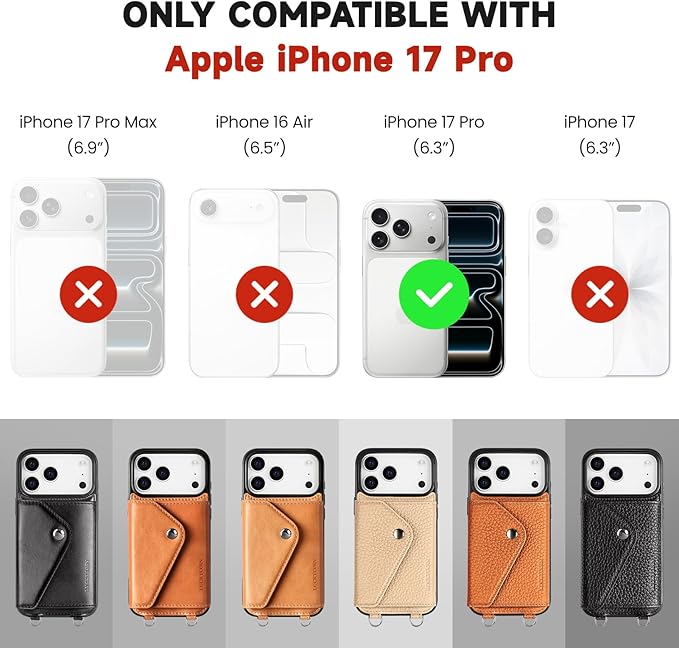 LUCKYCOIN Crossbody Phone Case for iPhone 17 Pro,100% Genuine Leather Phone Wallet Case for Women, Premium Hands-Free Phone Purse with Expandable Flip Card Holder & Adjustable Strap - Retro Black