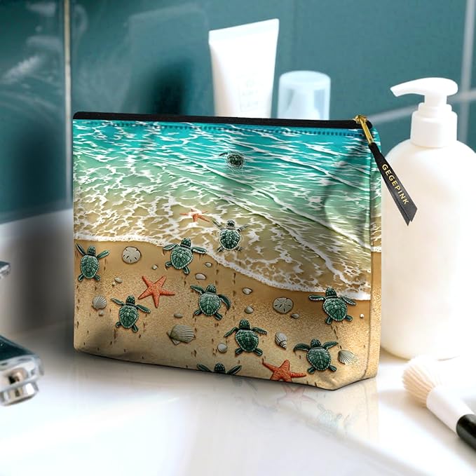 GEGEPINK Cute Makeup Bag for Purse Waterproof Cosmetic Bags for Women Funny Smooth Zipper Travel Toiletry Pouch 10X8 Inches-Seashell on Beach Makeup pouch
