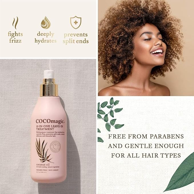 Cocomagic 10-in-1 Leave-in Hair Treatment with Coconut Oil | Hydrate, Detangle, Prevent Frizz | Smooths, Creates Silkiness | Gentle for All Hair Types | Paraben Free, (8 Oz, 2 Pack)