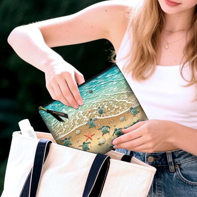GEGEPINK Cute Makeup Bag for Purse Waterproof Cosmetic Bags for Women Funny Smooth Zipper Travel Toiletry Pouch 10X8 Inches-Seashell on Beach Makeup pouch