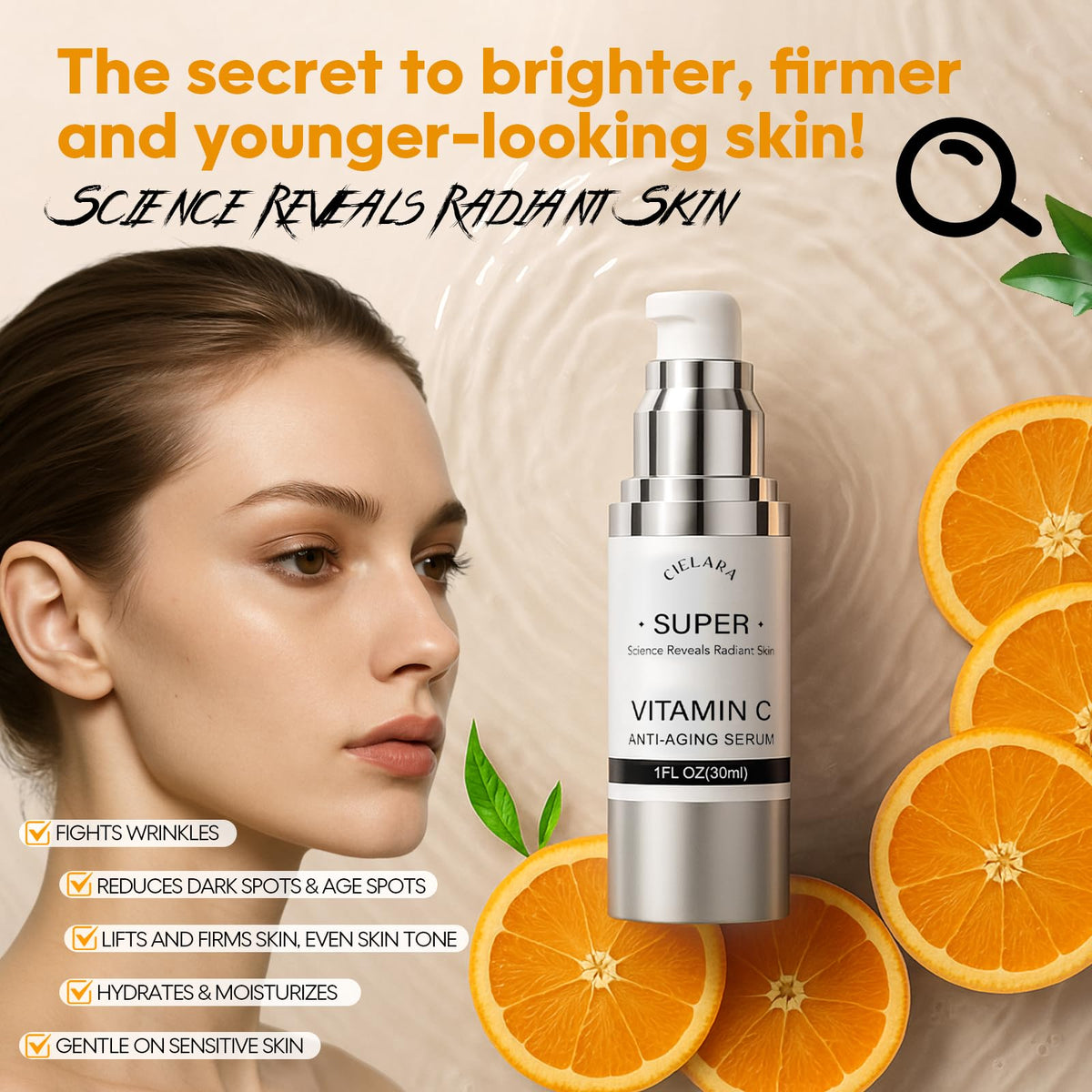 CIELARA Super Vitamin 20% C Serum for Women, With Hyaluronic Acid 0.97 oz