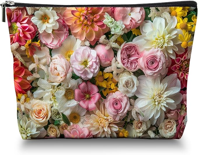 Scribesense Makeup Bag Travel Cosmetic Bags Small Makeup Case Waterproof Zipper Pouch for Women Girls 7X9inches - Exuberant Array of Multicolored Fresh Flowers