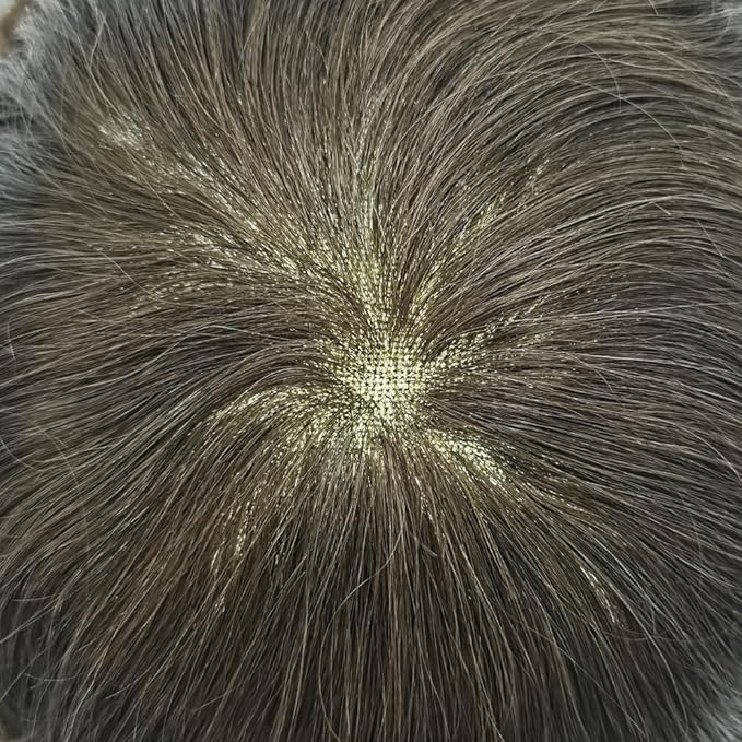 F M FACE MIRACLE NEW YORK Toupee for Men French Lace Mens Toupee Human Hair Replacement Systems Lace Center with PU Around Hair Piece V-Looped Front Male Hair Prosthesis 7"X9" 4# MEDIUM BROWN