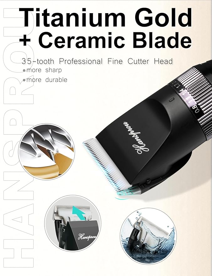 Hansprou Dog Clippers for Grooming, 12V Professional Dog Clippers，Heavy Dutt Corded Pet Hair Trimmer Pet Trimmer for Thick Hair with Guard Combs Brush