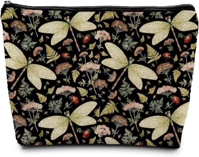 SAFDSGFDB Vintage Floral Dragonfly Makeup Bag, Dragonfly Gifts Cosmetic Bags for Women, Dark Cottagecore Floral Botanical Insects Portable Travel Toiletry Bag Zipper Makeup Pouch
