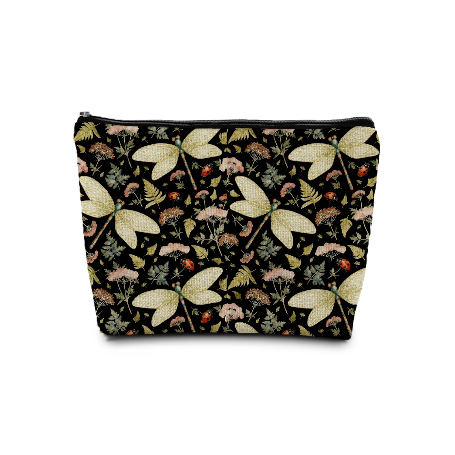 SAFDSGFDB Vintage Floral Dragonfly Makeup Bag, Dragonfly Gifts Cosmetic Bags for Women, Dark Cottagecore Floral Botanical Insects Portable Travel Toiletry Bag Zipper Makeup Pouch