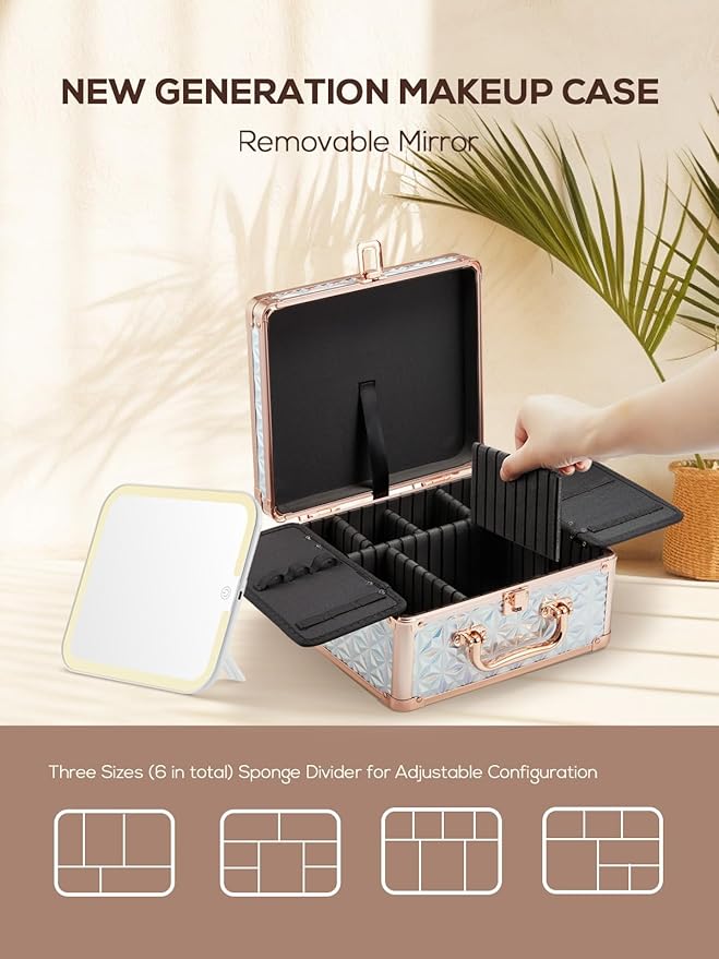 OMIRO Makeup Case, Makeup Bag with Light Up Mirror Set, Makeup Organizer Bag with Magnet Makeup Mirror for Women and Girls(Diamond Blue)