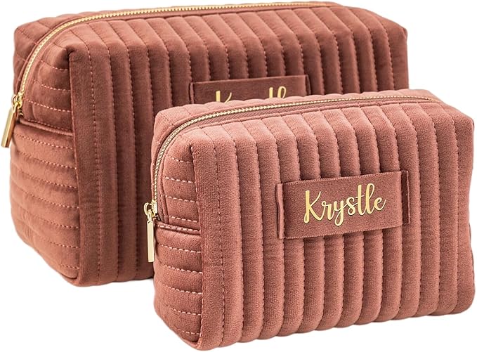Snirov Custom Makeup Bag, Pink Velvet Personalized Cosmetic Bag with Zipper for Women Teen Girls Birthday Gifts Mothers Day Gifts for Mom