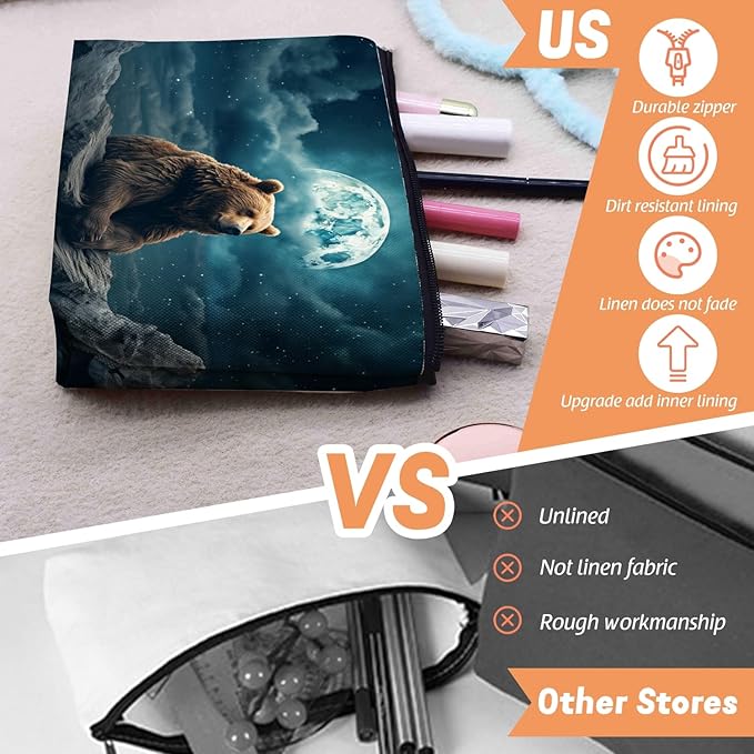 Scribesense Cosmetic Bags Travel Makeup Toilet Case Waterproof Pouch for Women Girls 6.7X9.45inches - Brown Bear on Rock Under A Starry Sky And Moon