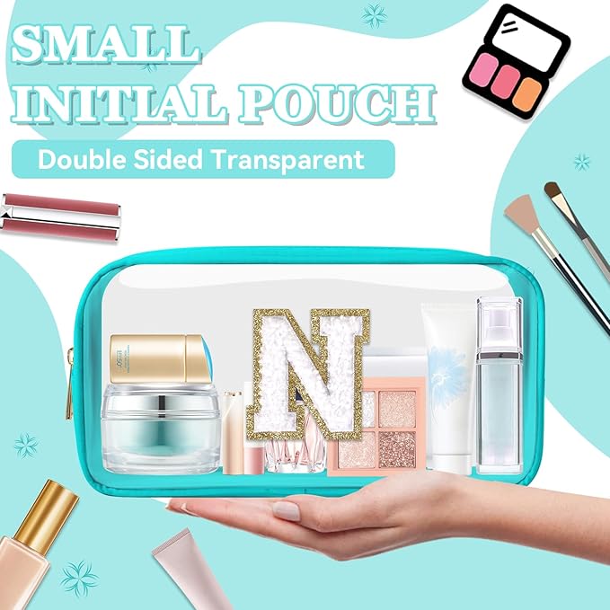 Small Clear Personalized Initial Makeup Bag,Nylon Preppy A-Z Chenille Letter Patch Cosmetic Pouch Beach Toiletry Bag,Waterproof Zipper Travel Purse Storage Bag Organizer for Women Girls(Cyan-White N)