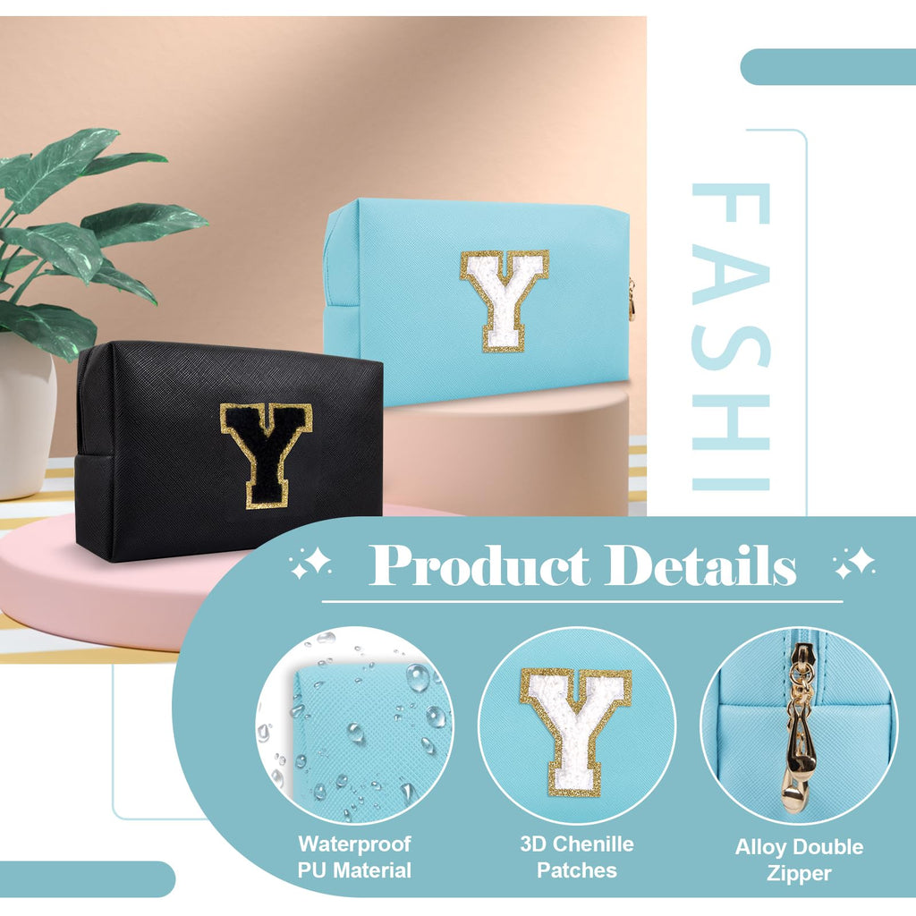 Small Personalized Initial A-Z Preppy Patch Makeup Bag,PU Chenille Letter Travel Cosmetic Pouch with Zipper,Blue Cute Toiletry Bag,Gift Ideal for Teen Girls Women Teacher Bridesmaid,Letter Y