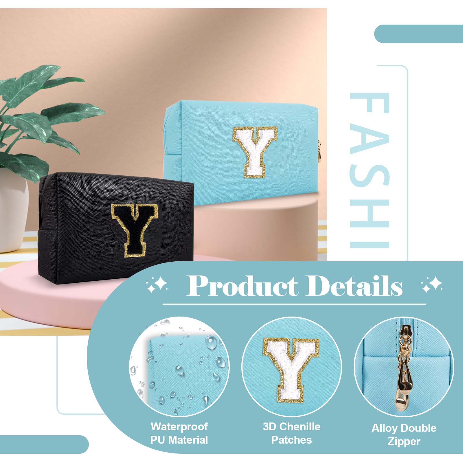 Small Personalized Initial A-Z Preppy Patch Makeup Bag,PU Chenille Letter Travel Cosmetic Pouch with Zipper,Blue Cute Toiletry Bag,Gift Ideal for Teen Girls Women Teacher Bridesmaid,Letter Y