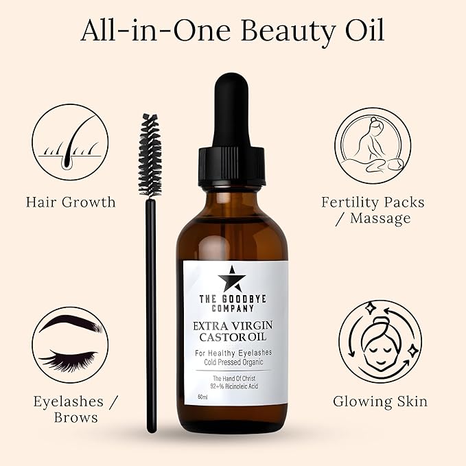 The Goodbye Company USDA Organic Castor Oil for Eyelashes and Eyebrows Growth, 100% Pure Cold-Pressed, Hexane-Free 60ml with Applicator, Handcrafted in Florida for Hair, Skin & Lashes