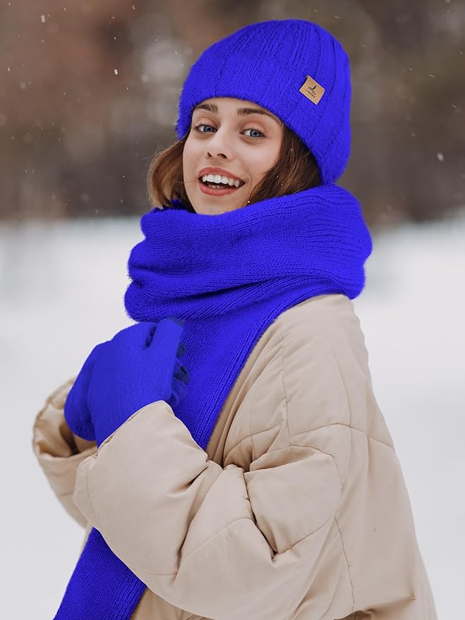 LOROME Winter Beanie Hat Gloves Scarf, Cashmere Hat Gloves Scarf Set Women