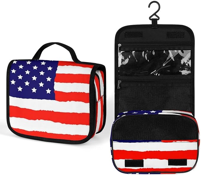 CWECVWE Travel Toiletry Bag, Portable Makeup Bag with Hanging Hook, Hanging Organizer for Women Men Shampoo, Conditioner, Brushes Set, Red Blue White American Flag