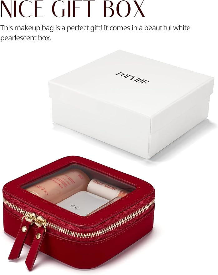 Popvibe Clear Makeup Bag Travel Cosmetic Case Toiletry Bag with Zipper, Portable Make Up Organizer Traveling Compact Car Bag for Essentials, Red, Mini