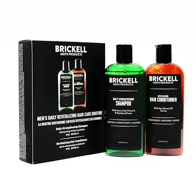 Brickell Men's Daily Revitalizing Hair Care Routine, Shampoo and Conditioner Set For Men, With Pro-Vitamin B5, Aloe, and Tea Tree Oil, Strength and Volume Enhancing Conditioner, Gift Set