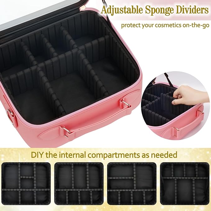 ViKert Travel Makeup Bag with Light Up Mirror,Makeup Travel Case with adjustable dividers,Waterproof Makeup Train Case,lighted Makeup Case with Detachable Mirror