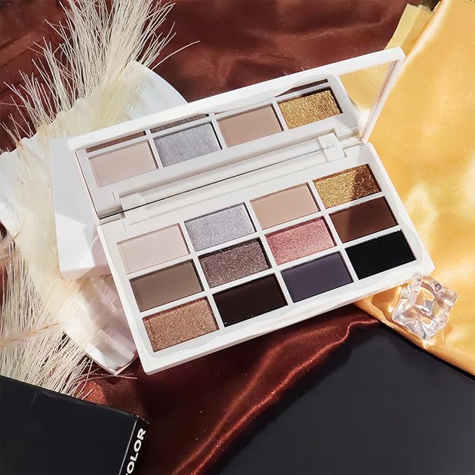 JUAAZIN 12 Colors Matte Shimmer Eyeshadow - Cool-toned Eyeshadow Palette, Long-Lasting Waterproof Crease-Proof Pigmented, Built-In Mirror, Vegan Cruelty-Free for Daily & Glam Makeup Looks 01#
