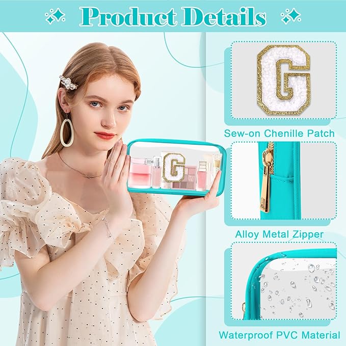 Personalized Initial Letter Clear Makeup Bag,Preppy Small Nylon&PVC Cosmetic Zipper Bag with Chenille Letter,Portable Beach Travel Skincare Toiletry Bag,Trendy Monogram Gift for Teen Girls Women,G