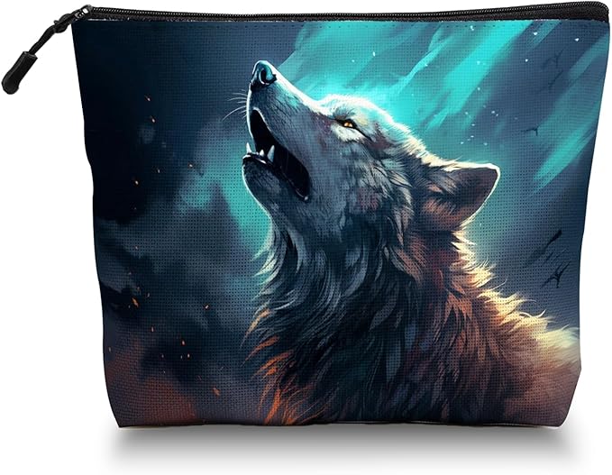 Scribesense Cosmetic Bags Travel Makeup Toilet Case Waterproof Pouch for Women Girls 6.7X9.45inches - Wolf Howling Against A Mysterious Night Sky