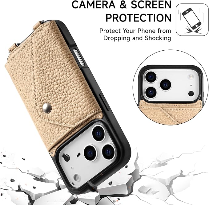 LUCKYCOIN Crossbody Phone Case for iPhone 17 Pro,100% Genuine Leather Phone Wallet Case for Women, Premium Hands-Free Phone Purse with Expandable Flip Card Holder & Adjustable Strap - Pebble Beige